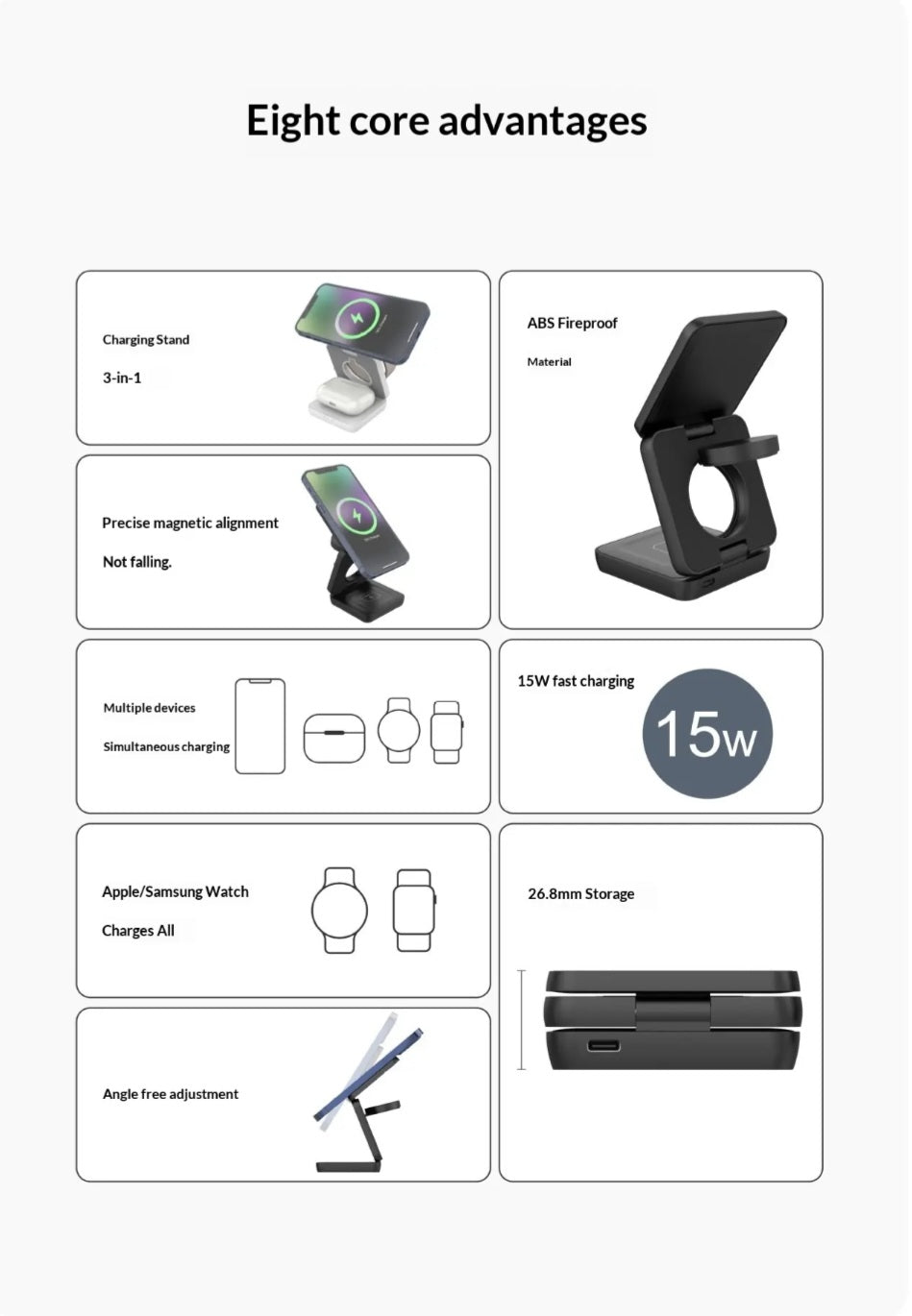 Organisateur de charge 3 en 1 - Smartphone, écouteur et montre.