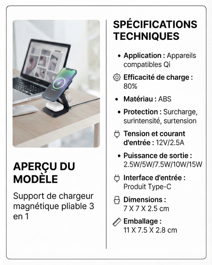 Organisateur de charge 3 en 1 - Smartphone, écouteur et montre.