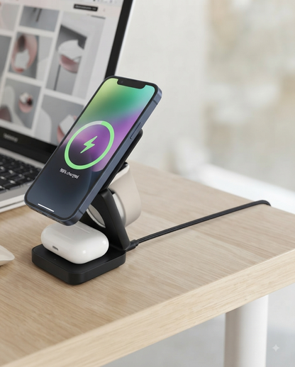 Organisateur de charge 3 en 1 - Smartphone, écouteur et montre.